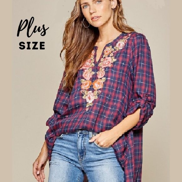 NWT PLUS SIZE Plaid VNeck Embroidered Tunic - Picture 1 of 5